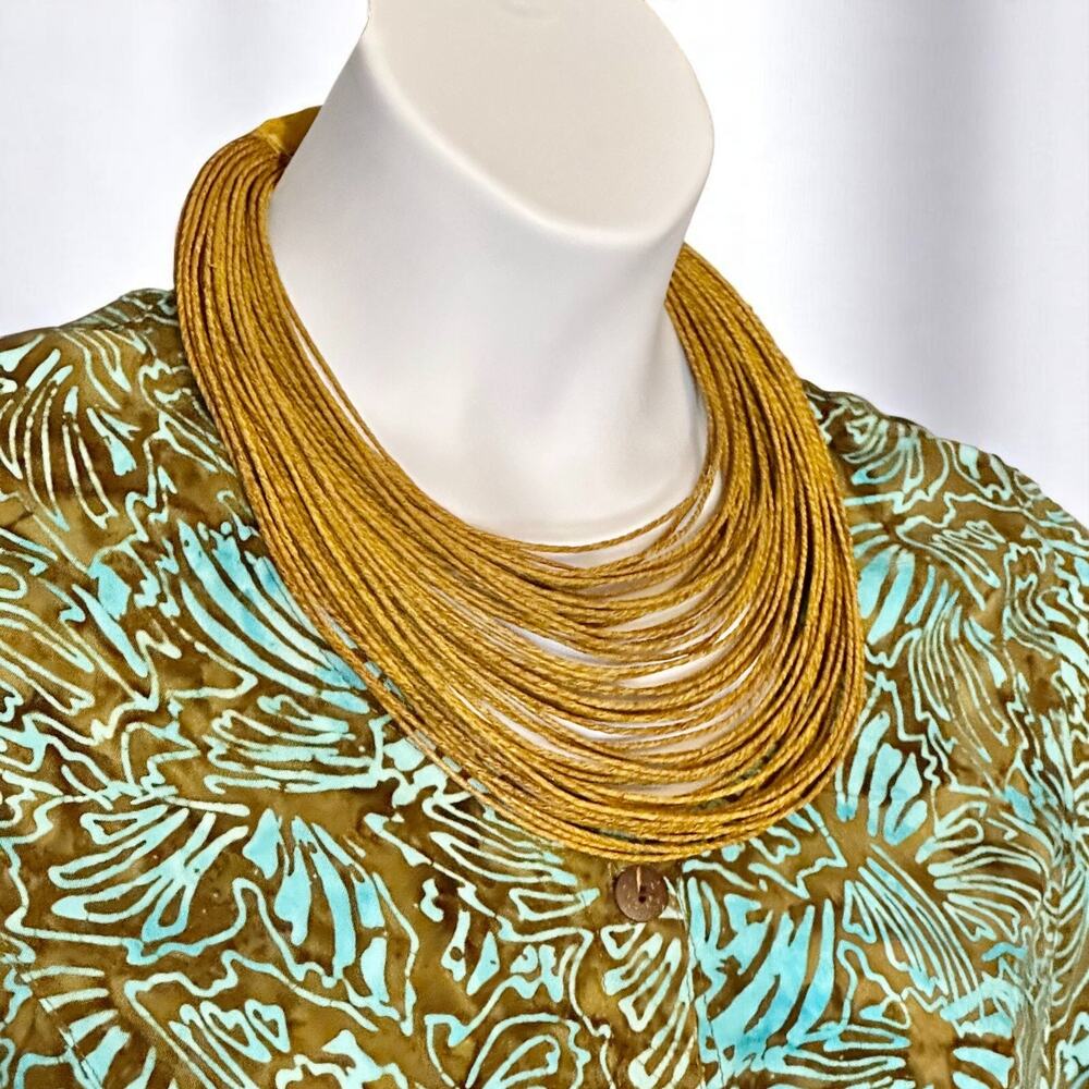 Vintage Leather Cord Statement Necklace Tan Multi Strand 80s Tribal Boho Collar